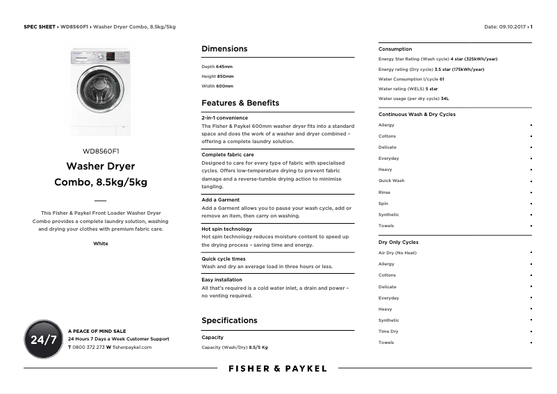 Page 1 de la notice Fiche technique Fisher & Paykel WD8560F1