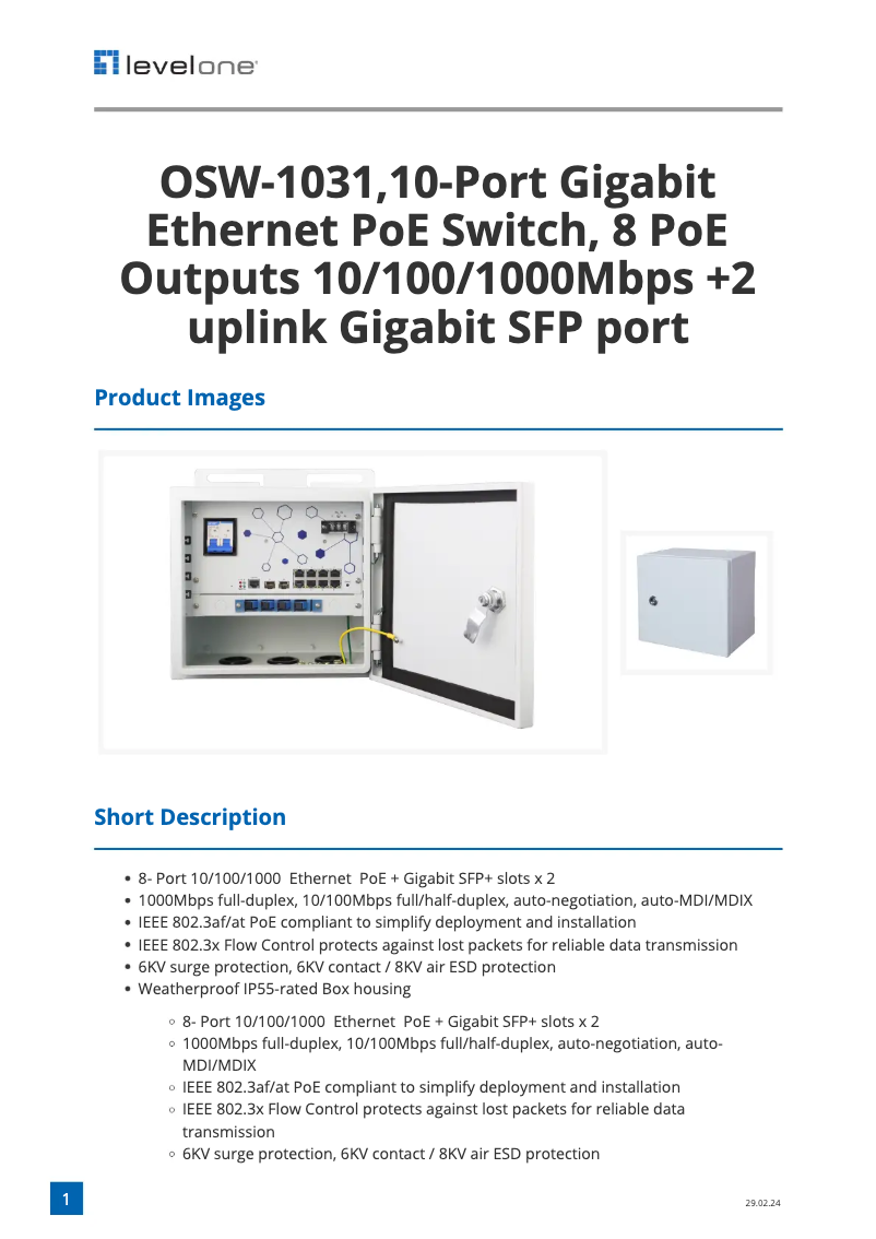 Página 1 del manual Ficha técnica LevelOne OSW-1031