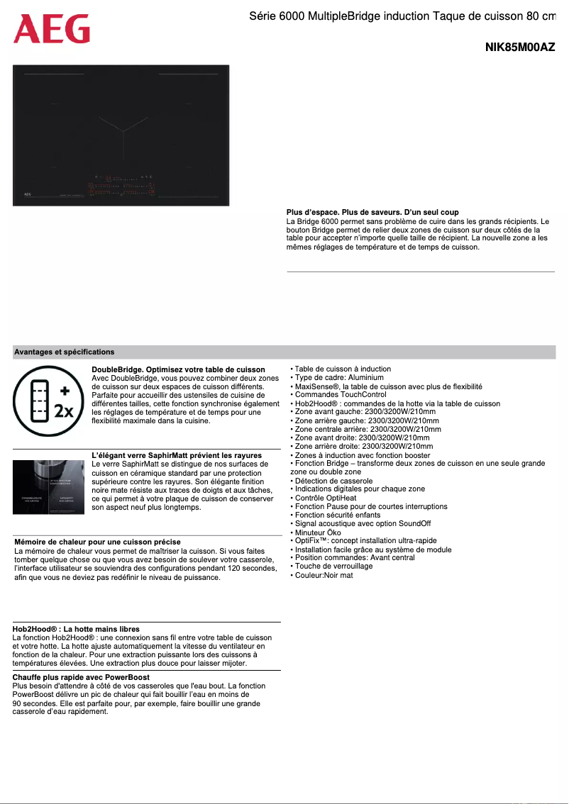 Page 1 de la notice Fiche technique AEG NIK85M00AZ