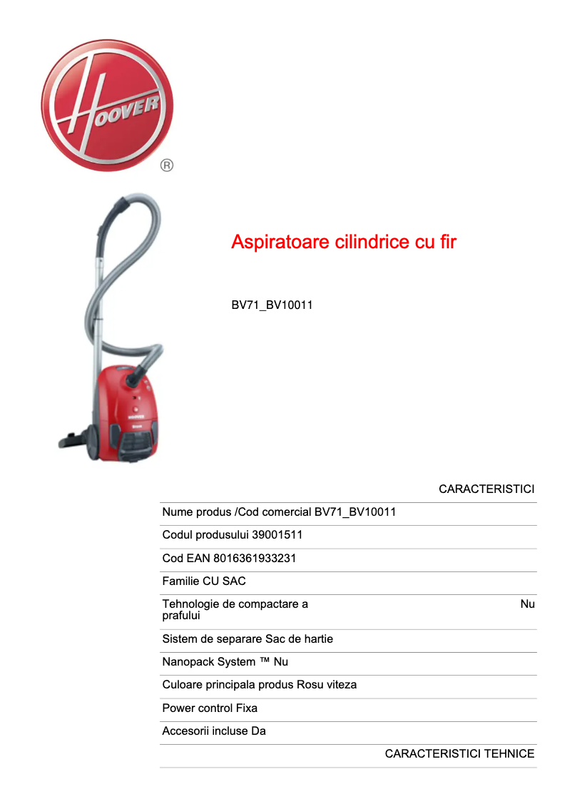 Page 1 de la notice Fiche technique Hoover BV71_BV10011