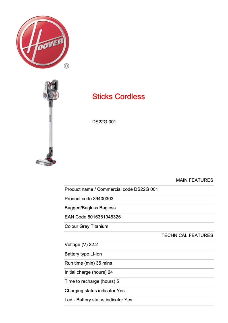 Página 1 del manual Ficha técnica Hoover DS22G 001