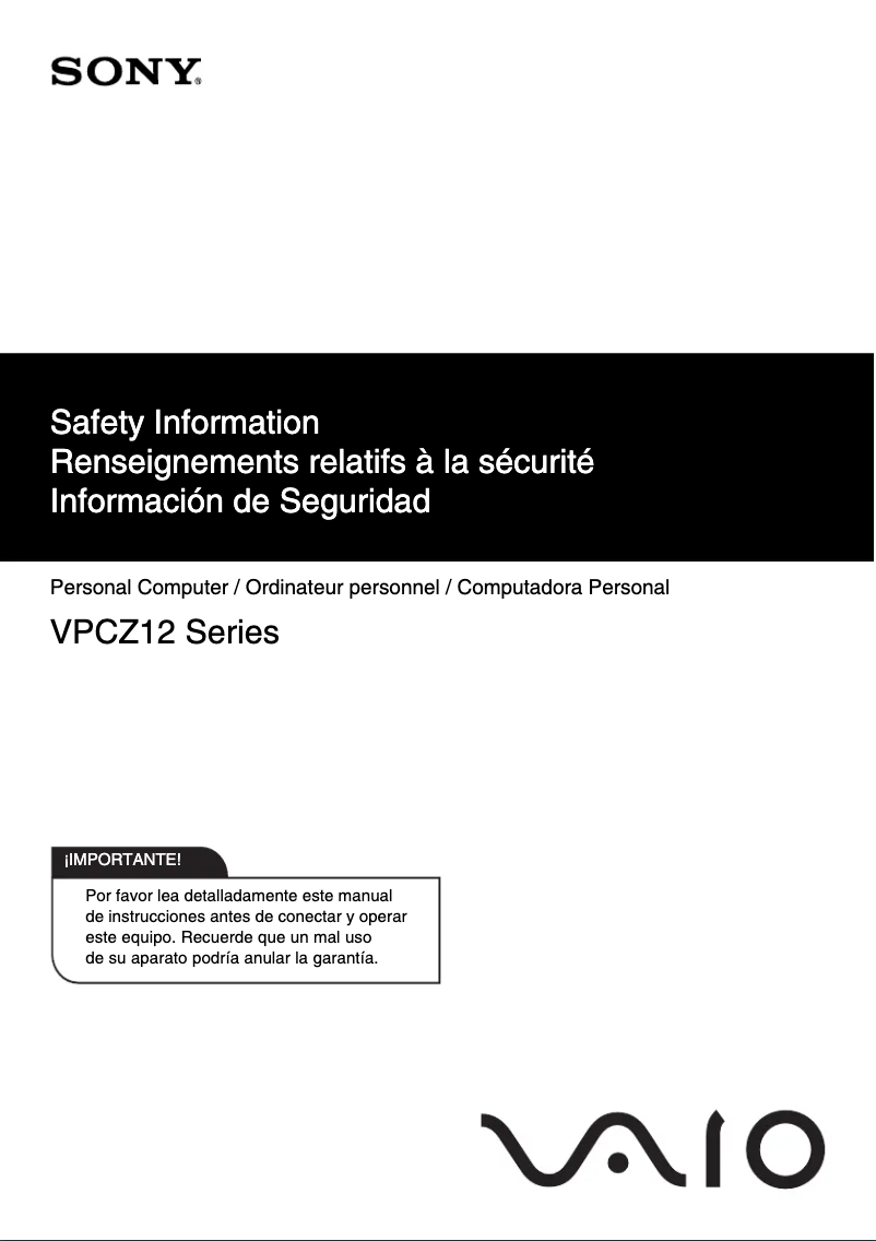 Image de la première page du manuel de l'appareil Vaio VPCZ1290X