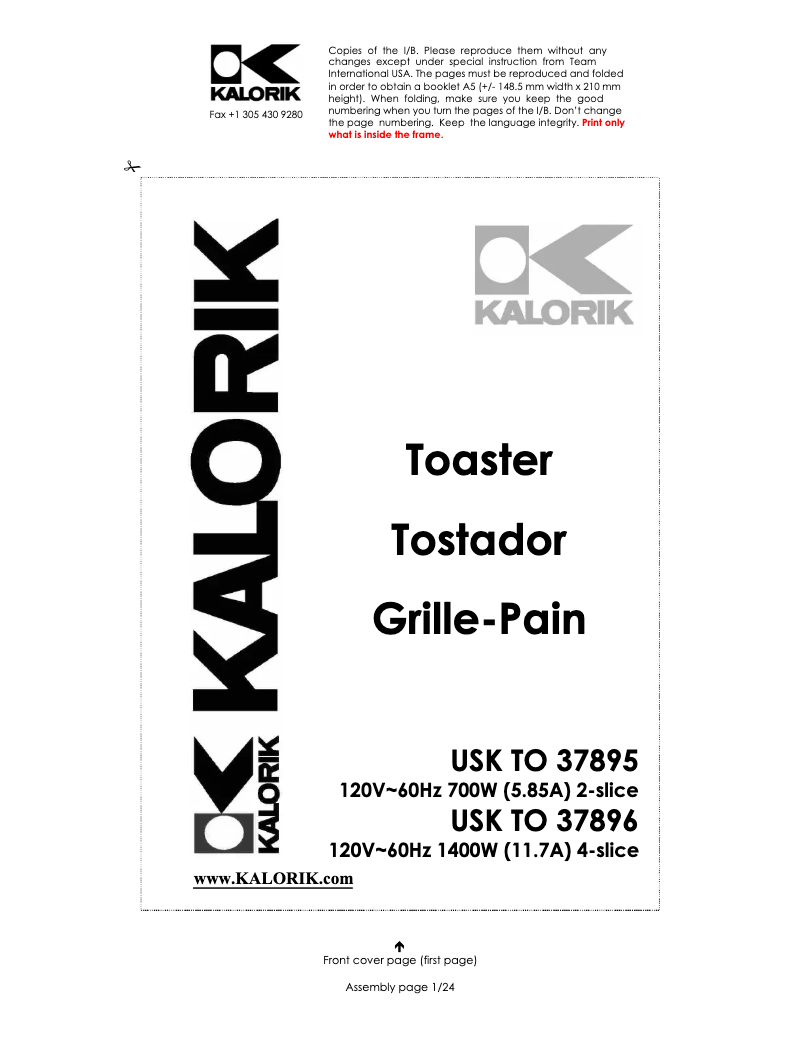 Page n°1 - Manuel utilisateur Kalorik TO-37895