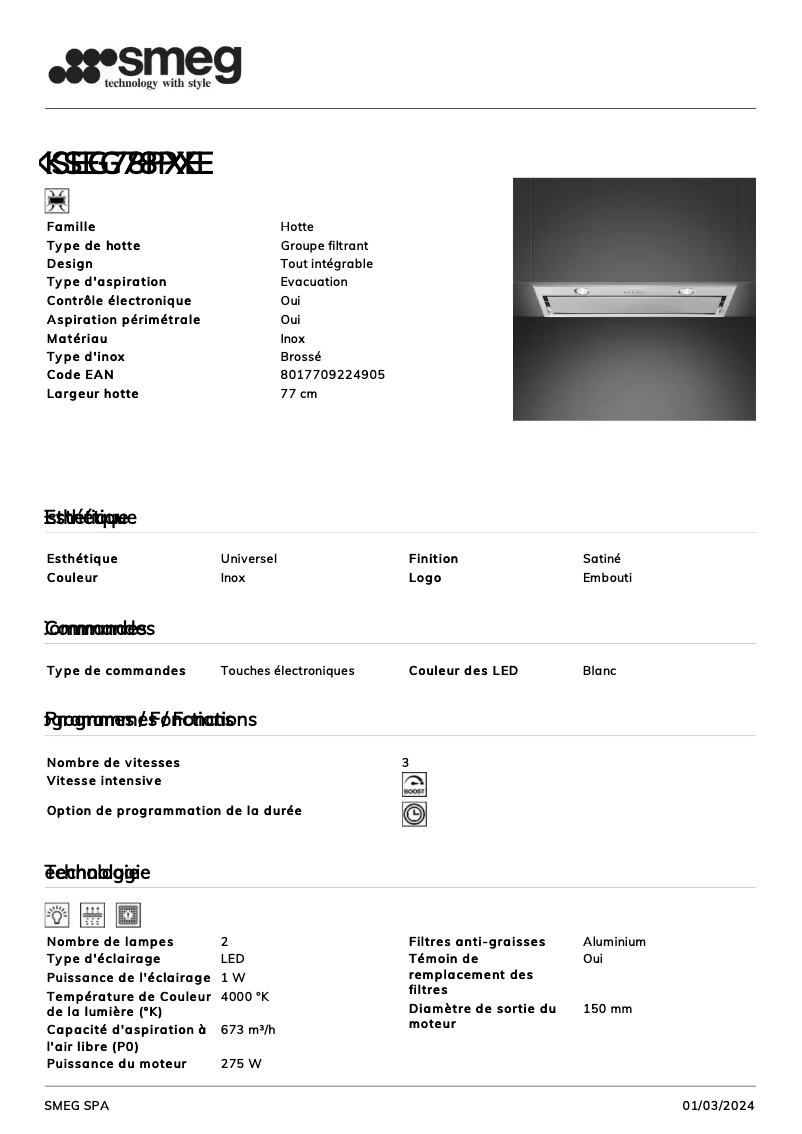 Page 1 de la notice Fiche technique Smeg KSEG78PXE