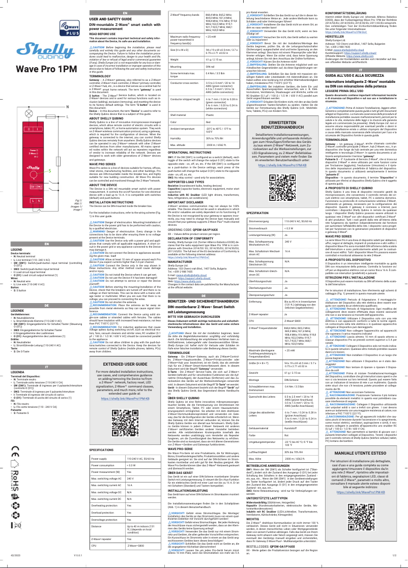 Page n°1 - Manuel utilisateur Shelly Wave Pro 1PM