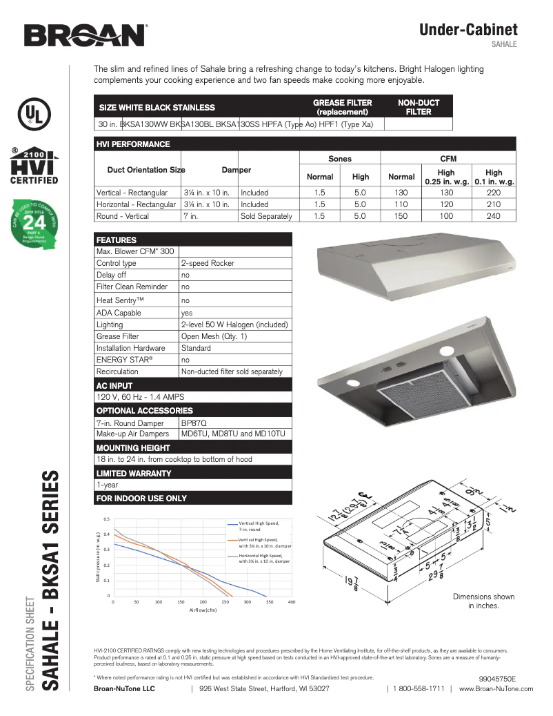 Page 1 de la notice Fiche technique Broan BKSA130WW