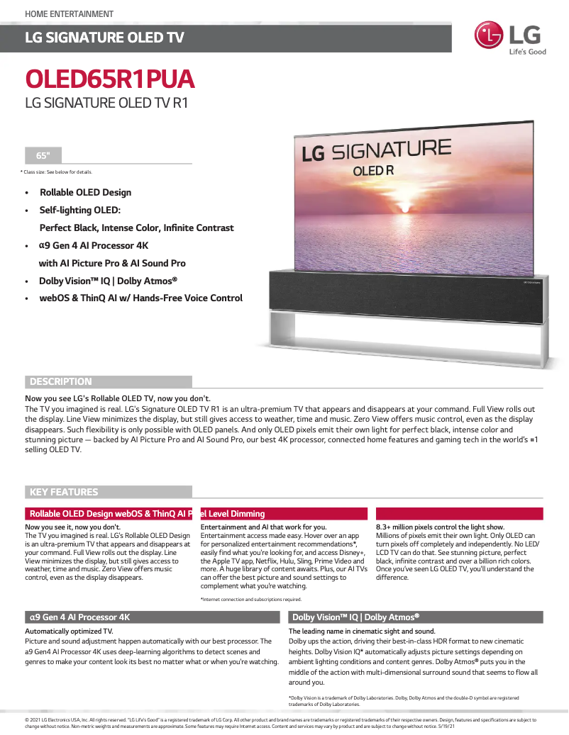 Page 1 de la notice Fiche technique LG OLED65R1PUA