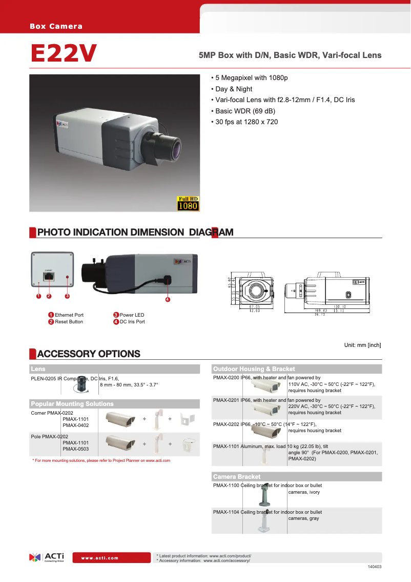 Page 1 de la notice Fiche technique ACTi E22V