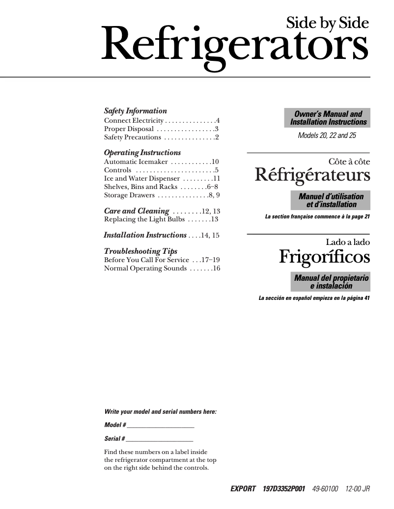 Page n°1 - Manuel utilisateur GE GSG22KBMFWW