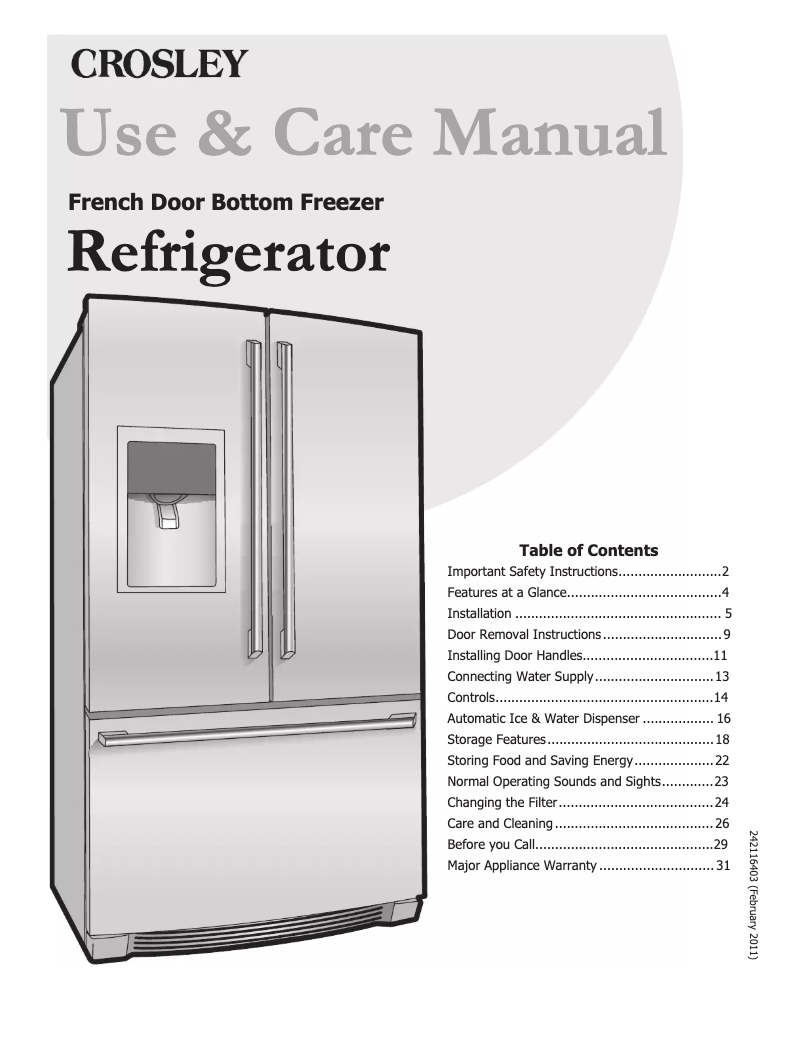 Page 1 de la notice Manuel utilisateur Crosley CFD28WIQS