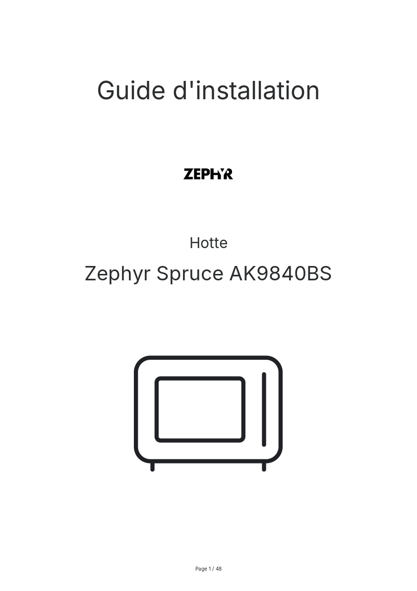Page n°1 - Guide d'installation Zephyr Spruce AK9840BS