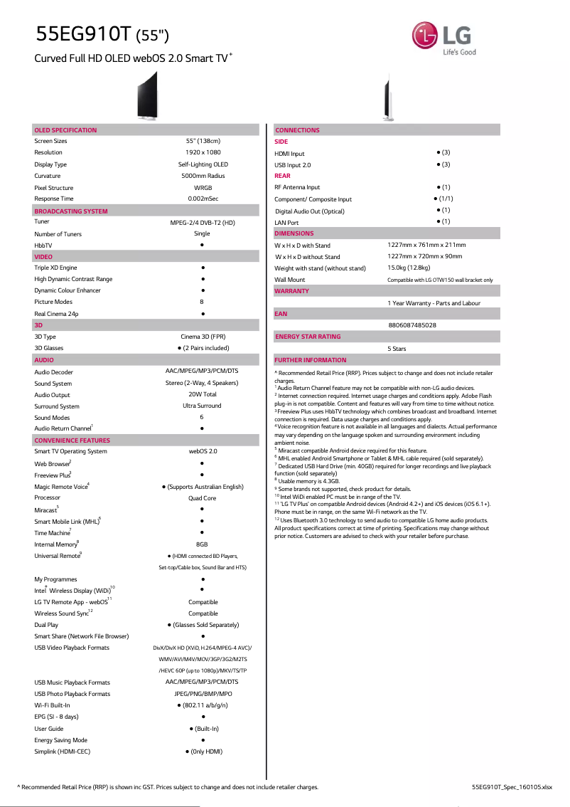 Page n°1 - Fiche technique LG 55EG910T