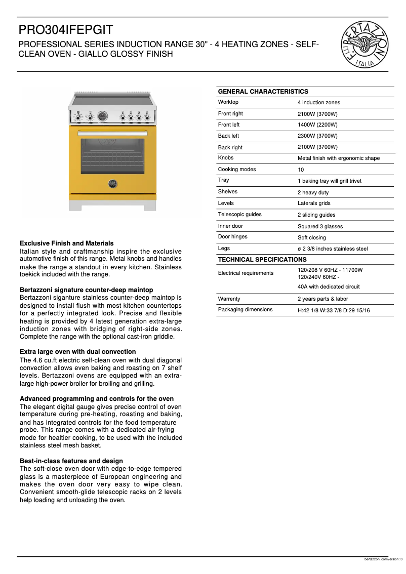 Page 1 de la notice Fiche technique Bertazzoni PRO304IFEPGIT