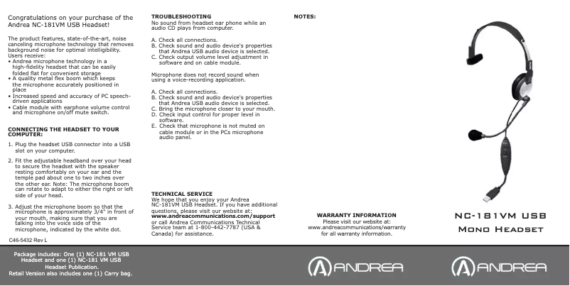 Page 1 de la notice Manuel utilisateur Andrea NC-181VM