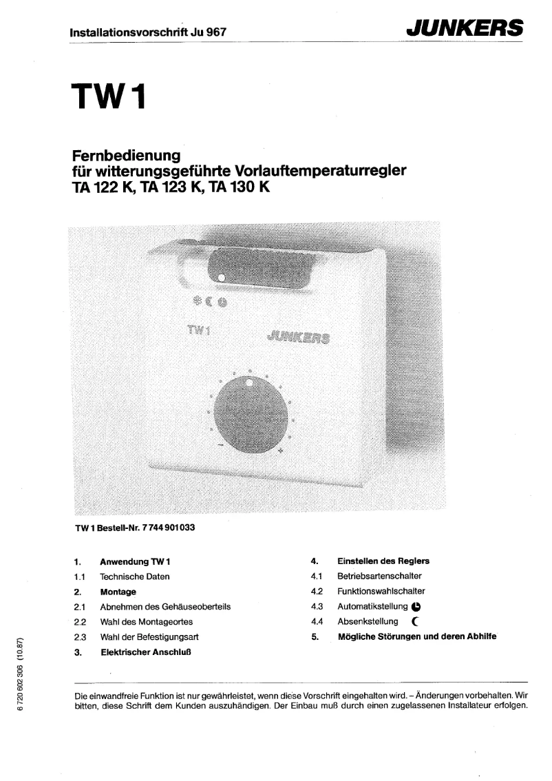 Page 1 de la notice Manuel utilisateur Junkers TW1