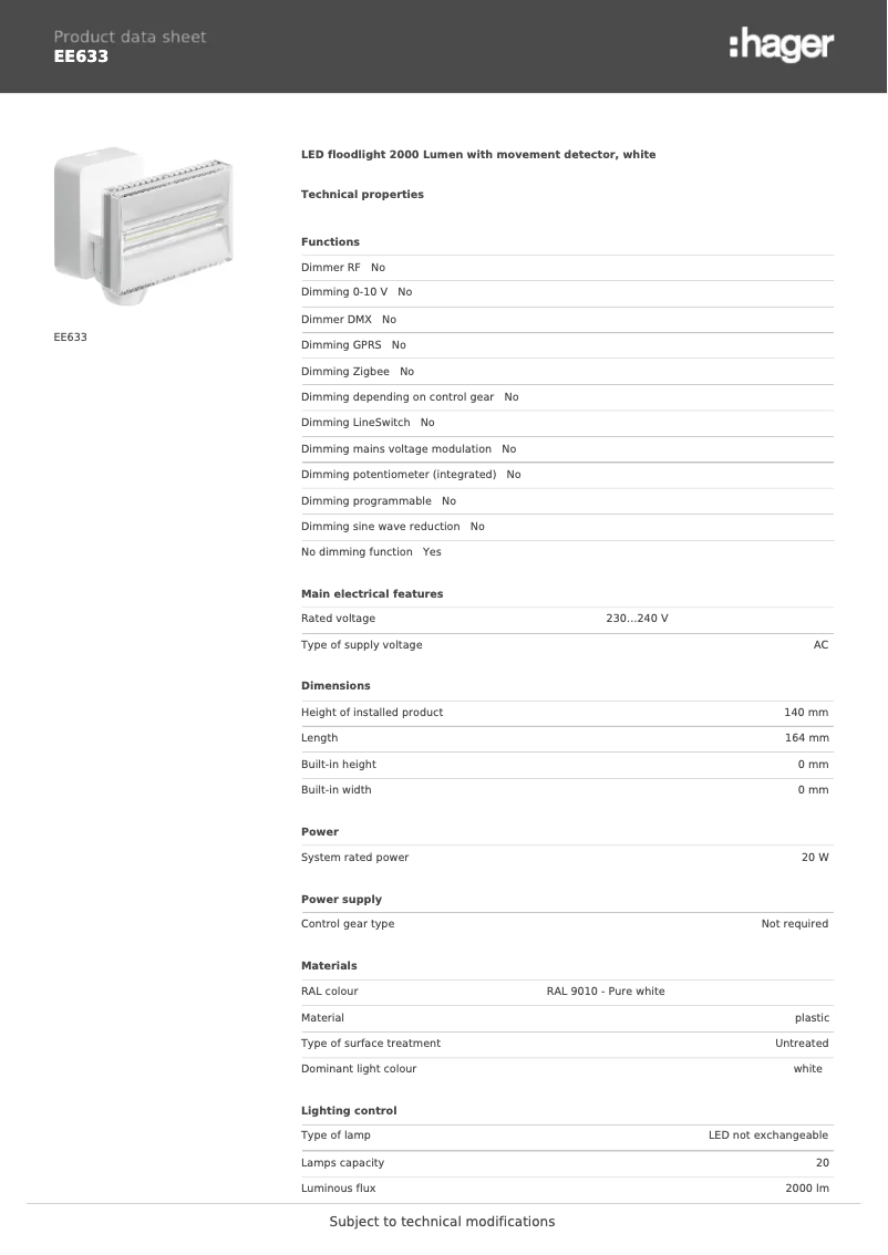 Page n°1 - Fiche technique Hager EE633