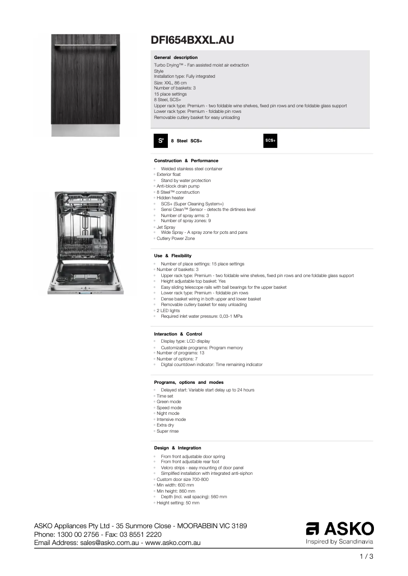 Page n°1 - Fiche technique Asko DFI654BXXL.AU