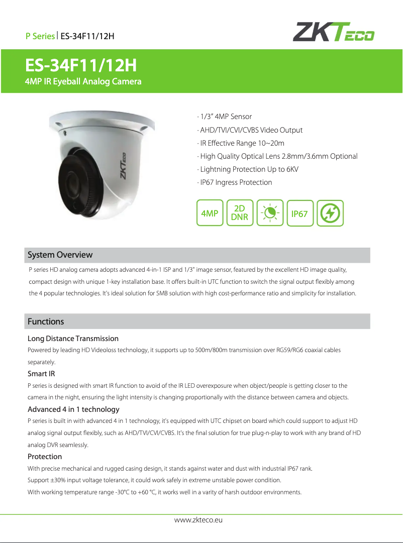 Page 1 de la notice Manuel utilisateur ZKTeco ES-34F11H