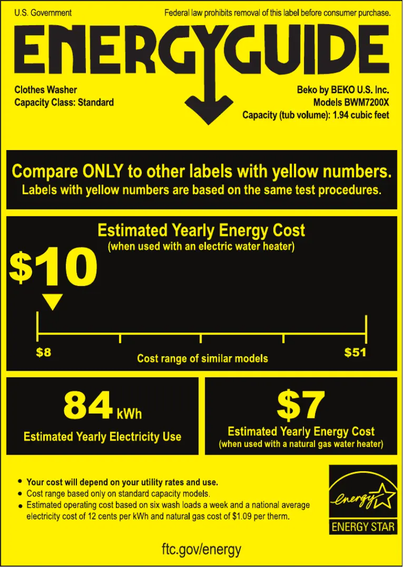 Page 1 de la notice Label énergétique Beko BWM7200X