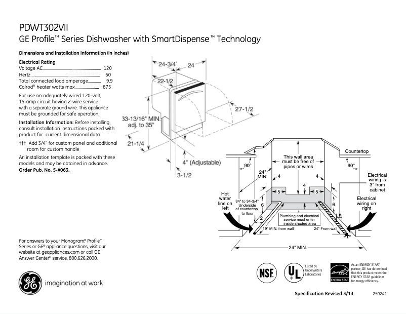 Page n°1 - Fiche technique GE Profile PDWT302VII