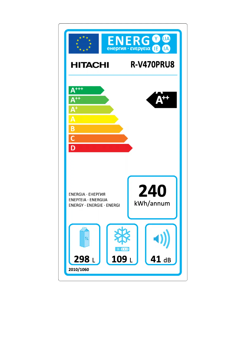 Page 1 de la notice Label énergétique Hitachi R-V470PRU8