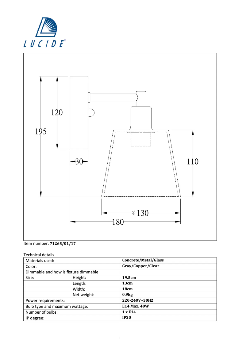 Page 1 de la notice Manuel utilisateur Lucide Vitri 71265/01/17