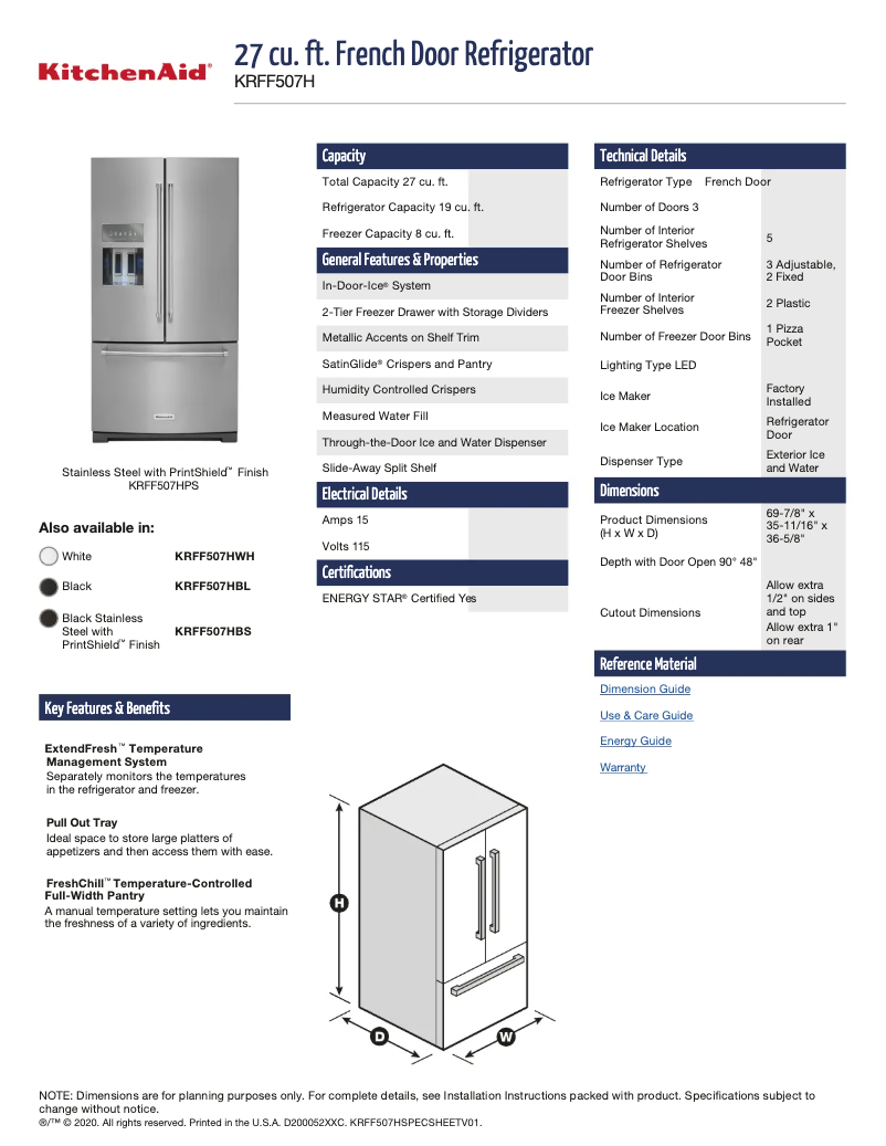 Page n°1 - Fiche technique KitchenAid KRFF507HPS