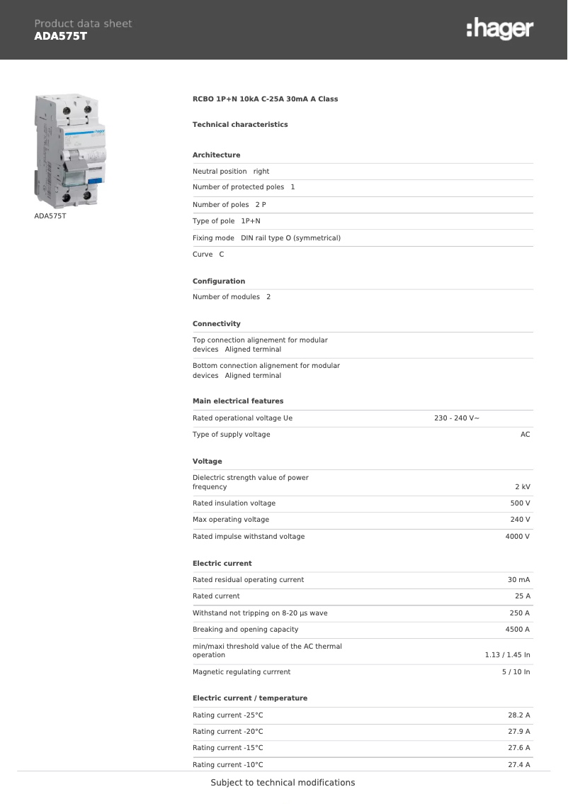 Page n°1 - Fiche technique Hager ADA575T