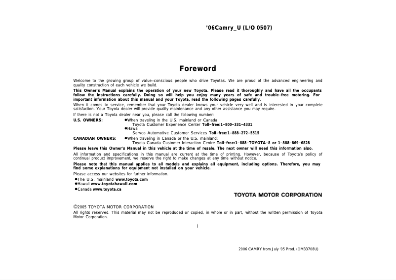Page 1 de la notice Manuel utilisateur Toyota Camry (2006)