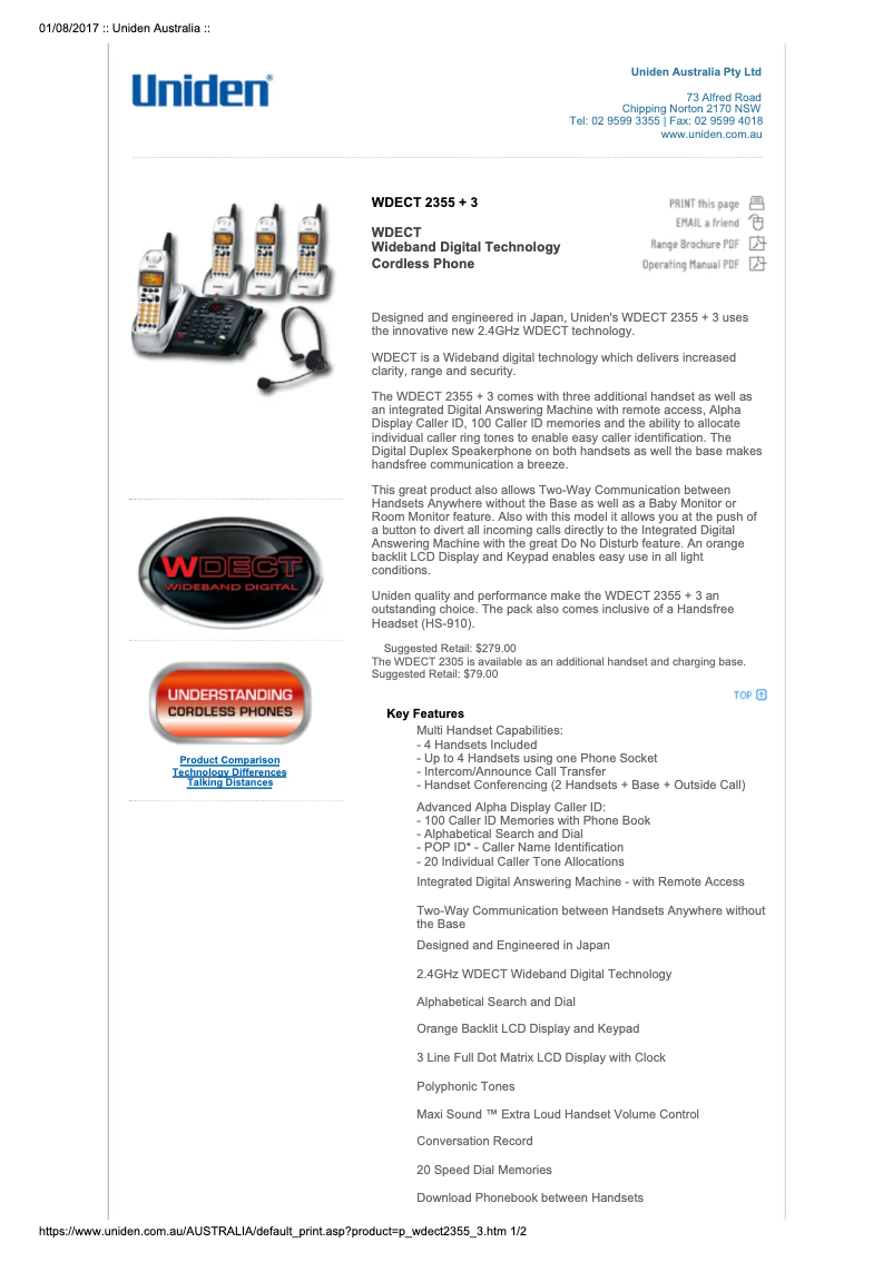 Page 1 of the manual User Manual Uniden WDECT 2355