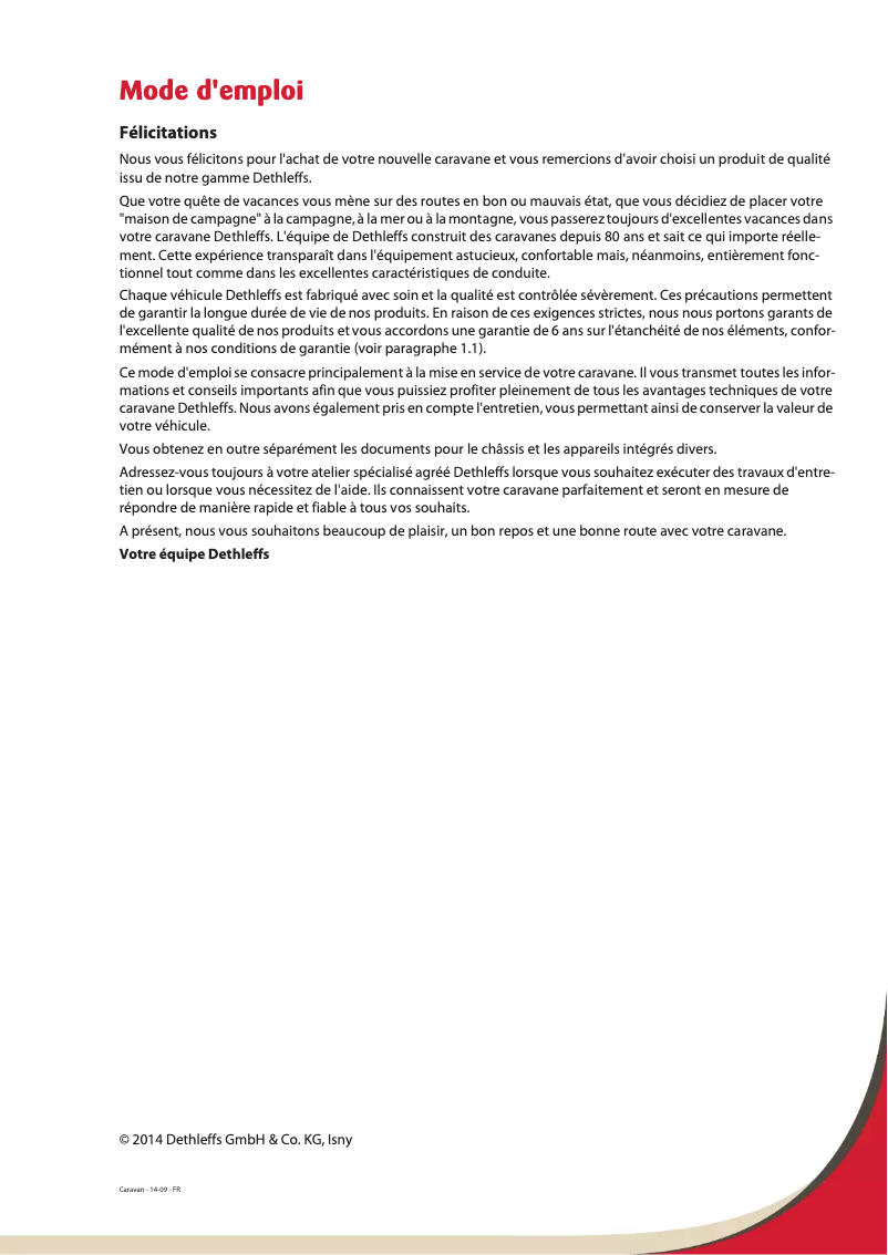 Page 1 de la notice Manuel utilisateur Dethleffs 2015