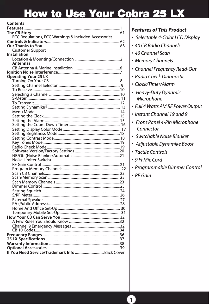 Page 1 de la notice Manuel utilisateur Cobra 25 LX