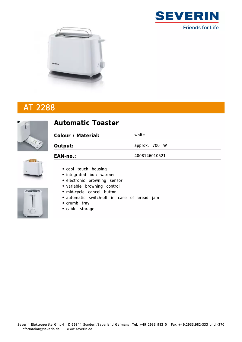 Page n°1 - Fiche technique Severin AT 2288