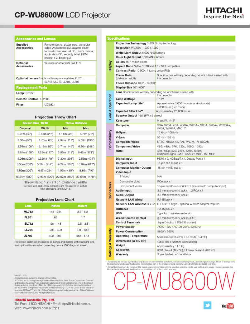 Page n°1 - Fiche technique Hitachi CP-WU8600W