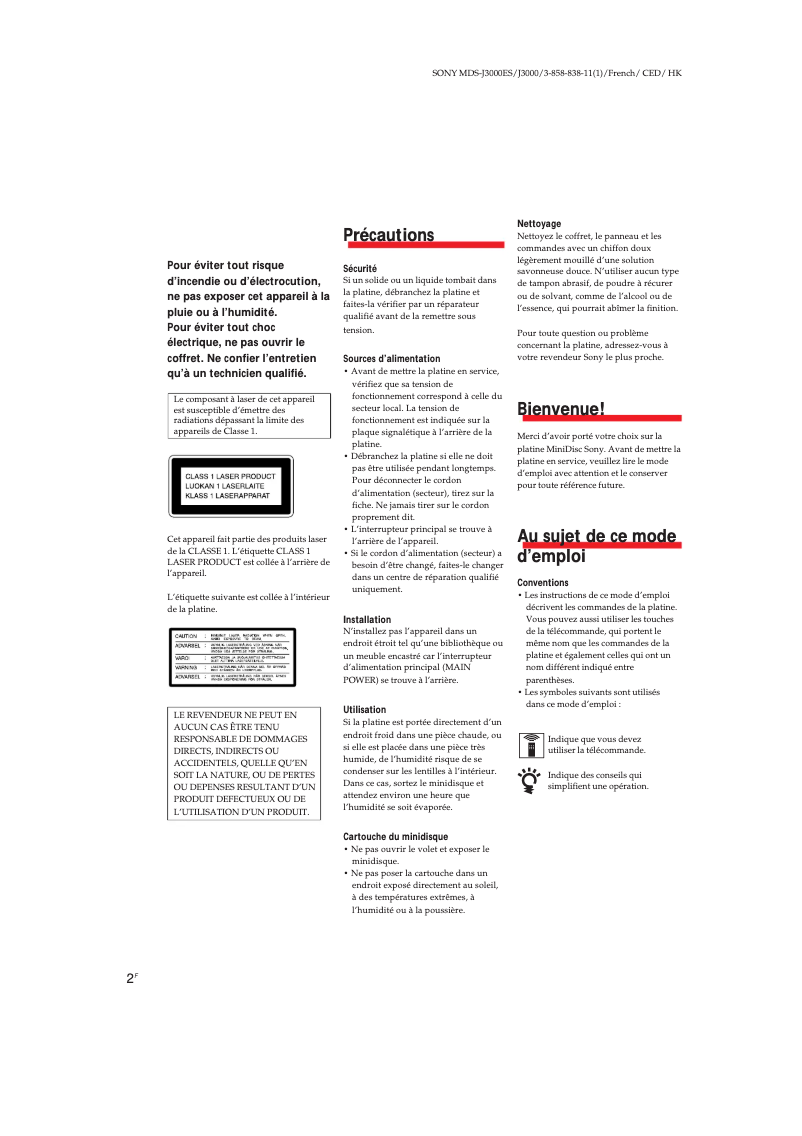 Image de la première page du manuel de l'appareil MDS-J3000
