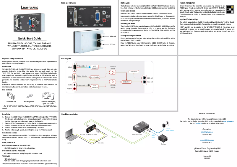 Page n°1 - Manuel utilisateur Lightware WP-UMX-TP-TX100-UK
