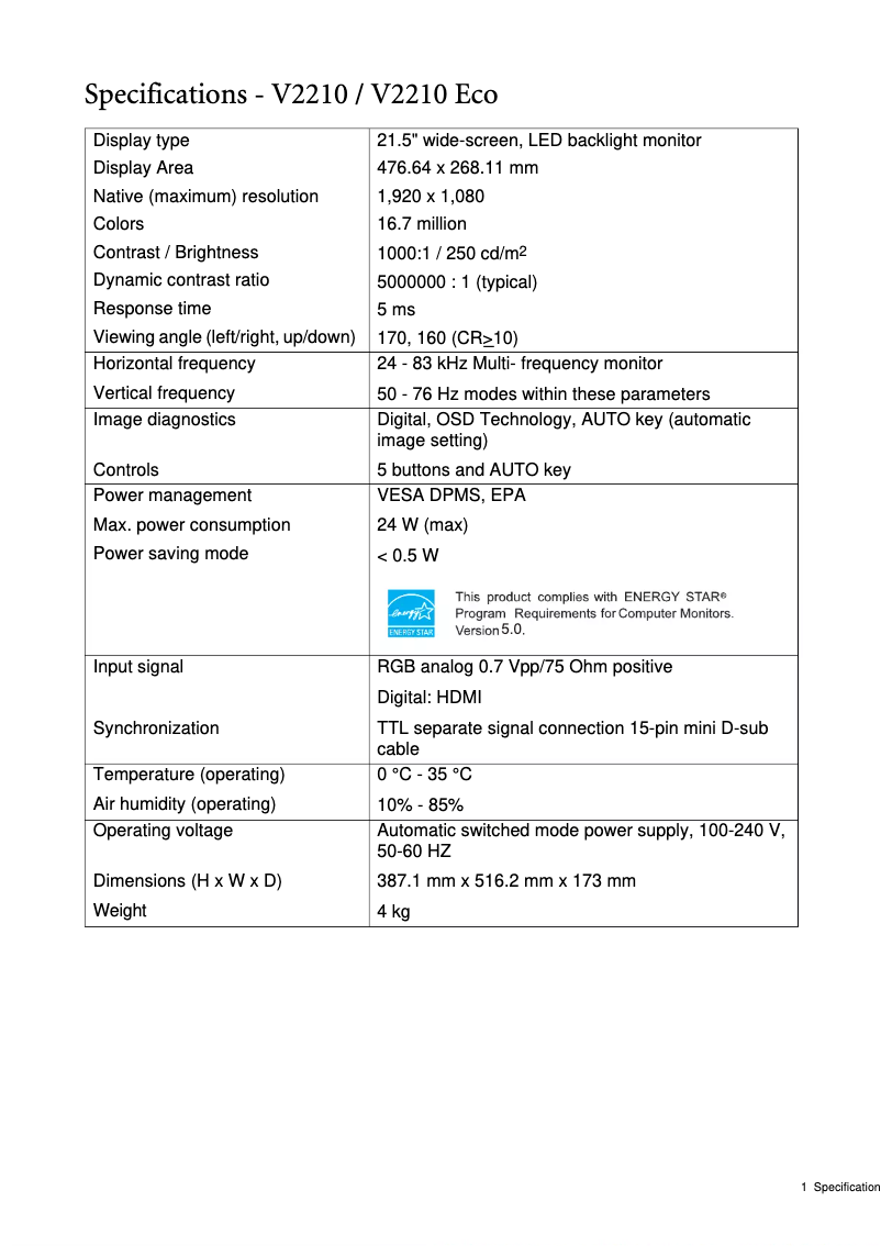 Page 1 de la notice Fiche technique BenQ V2210 Eco