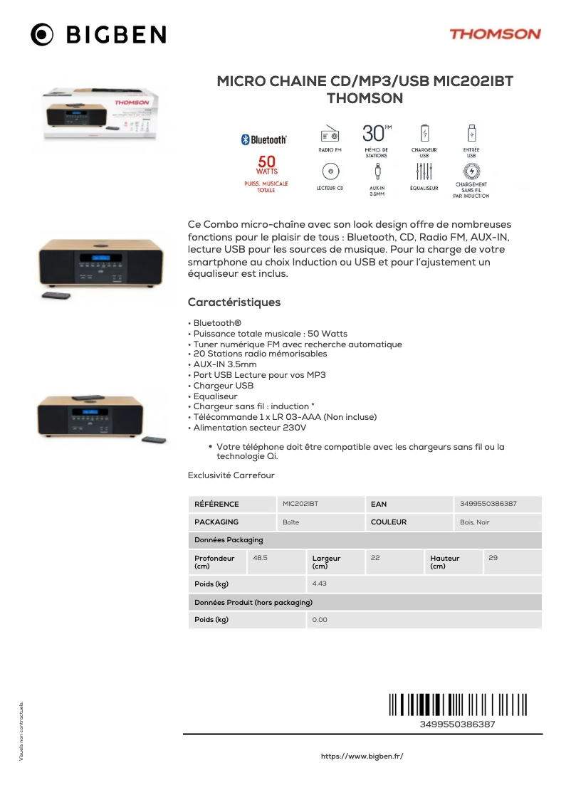 Page 1 de la notice Fiche technique Thomson MIC202IBT