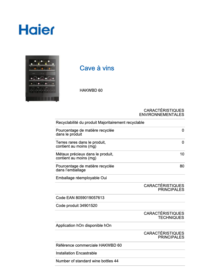 Page 1 de la notice Fiche technique Haier HAKWBD 60