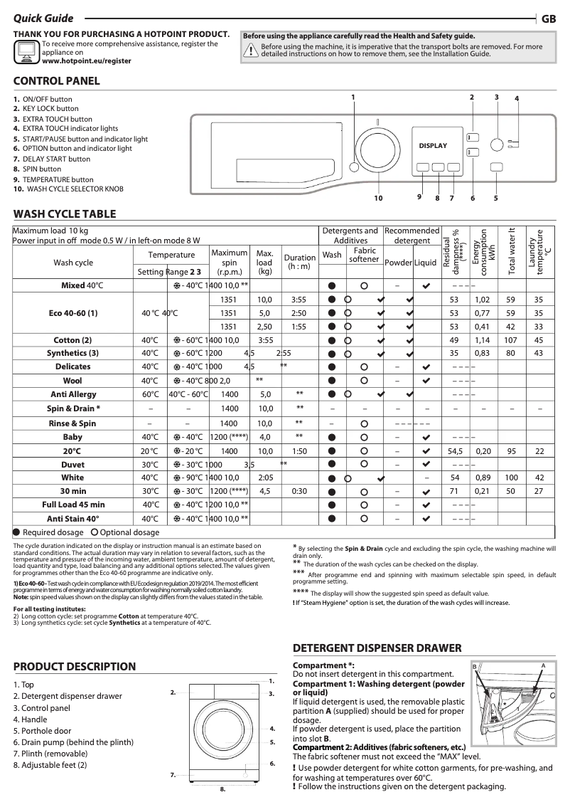 Page 1 of the manual User Manual Hotpoint NSWM 1044C BS UK N