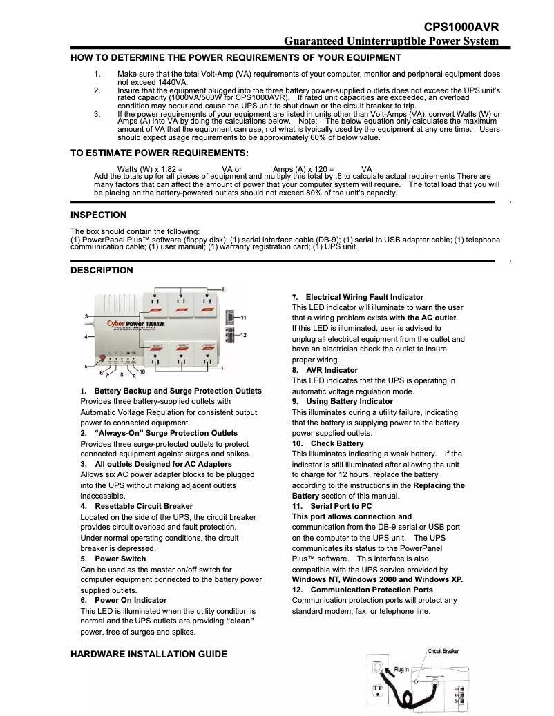 Page n°1 - Manuel utilisateur CyberPower CPS1000AVR