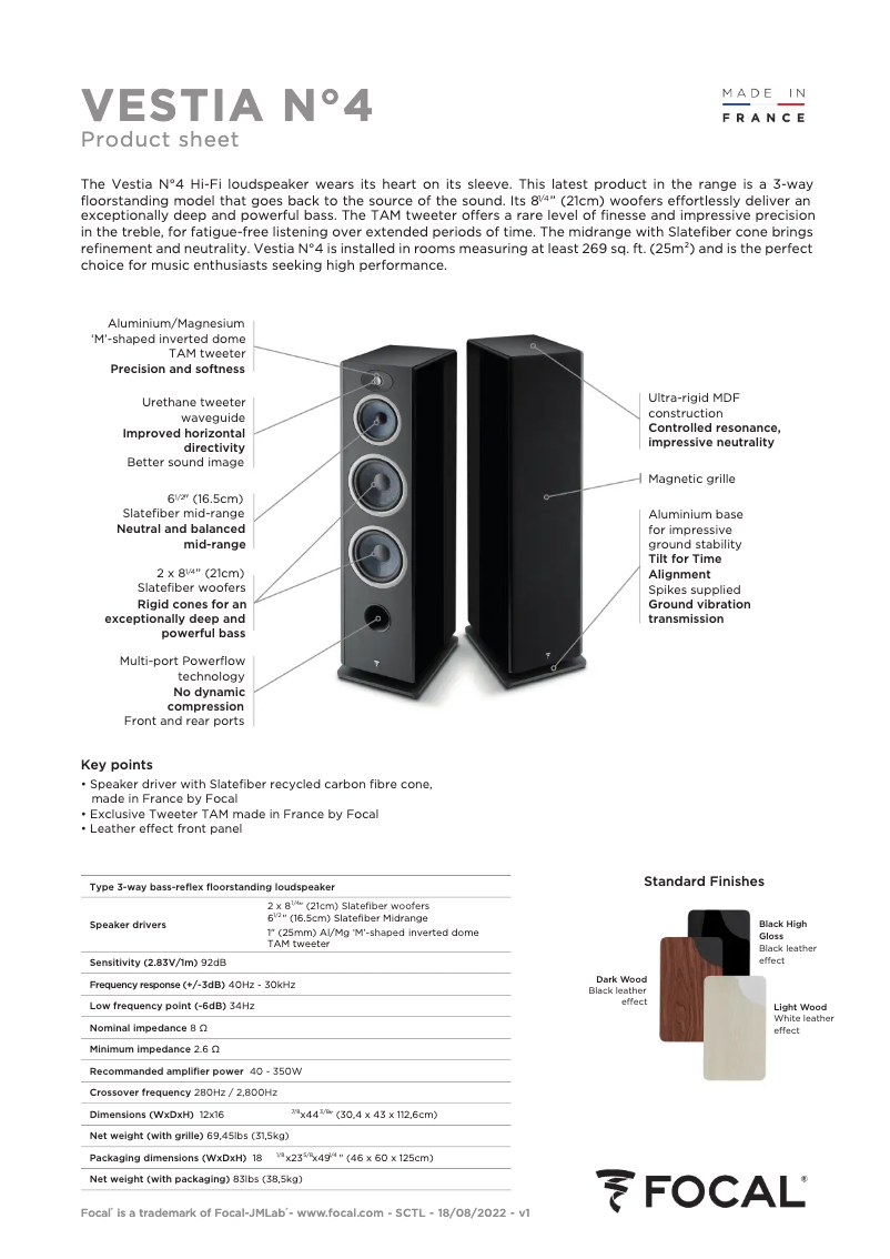 Page 1 de la notice Fiche technique Focal Vestia N°4