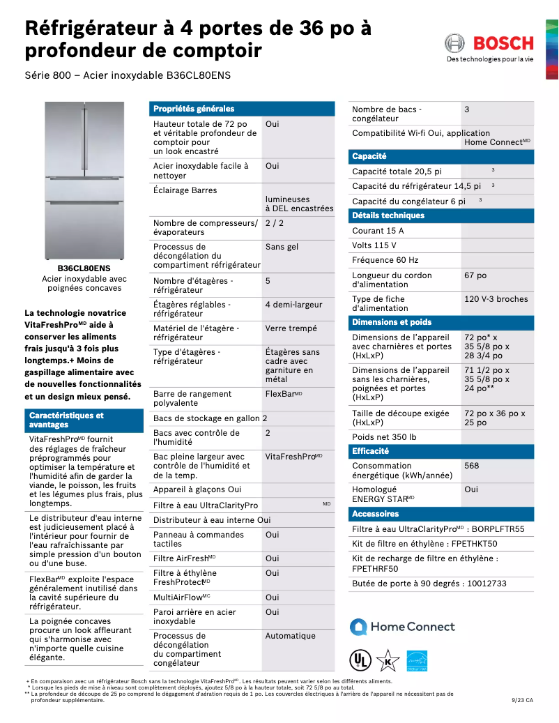 Page 1 de la notice Fiche technique Bosch B36CL80ENS