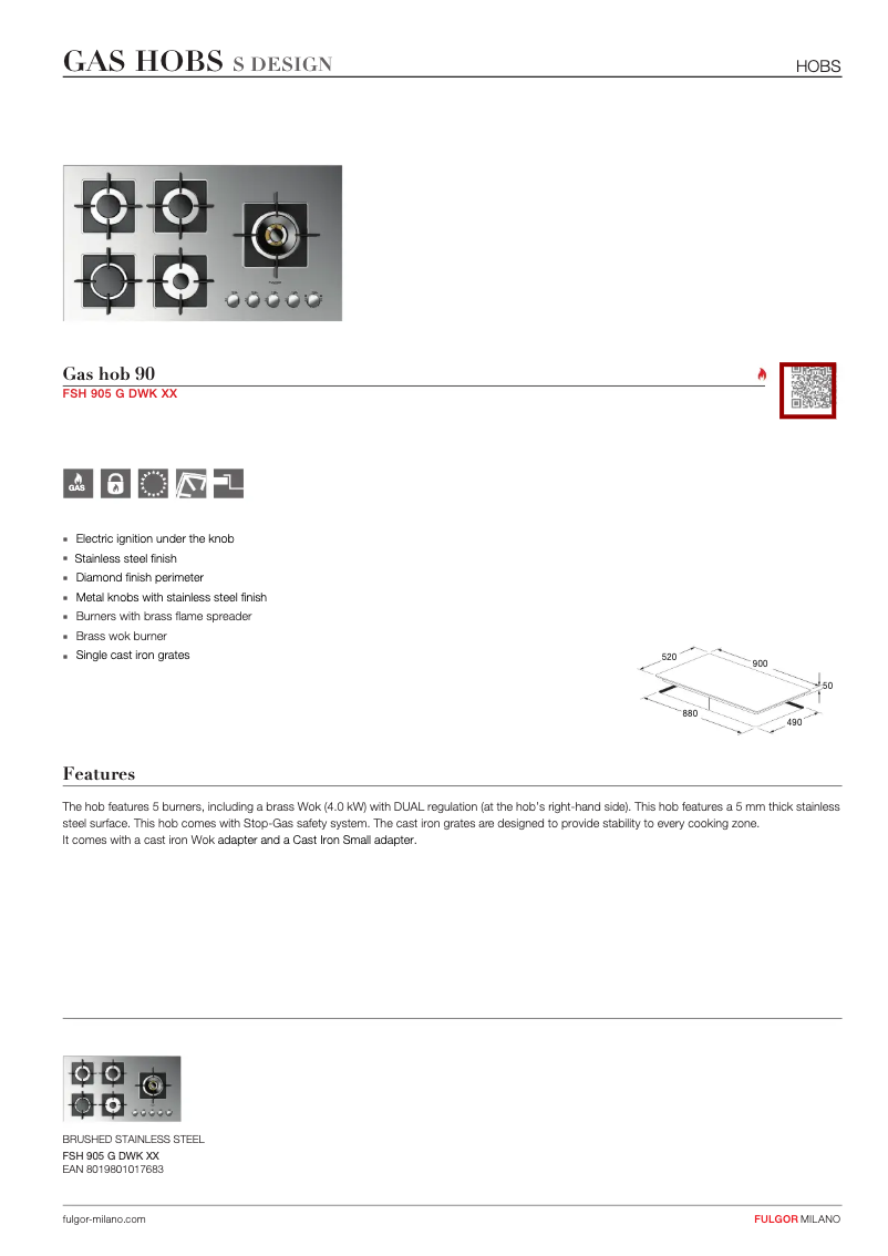Page 1 de la notice Fiche technique Fulgor Milano FSH 905 G DWK XX