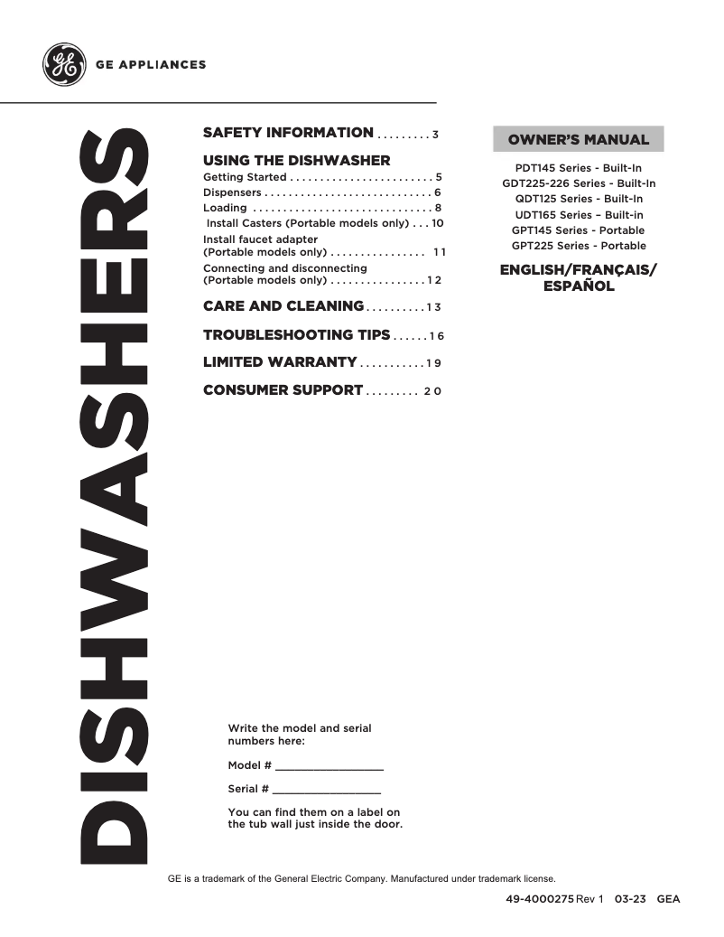 Image de la première page du manuel de l'appareil GDT225SGLWW