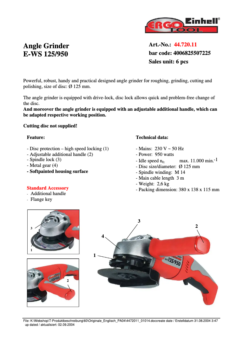Page 1 de la notice Fiche technique Einhell E-WS 125/950
