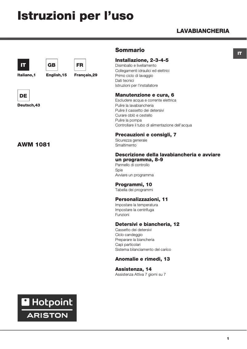Page 1 de la notice Manuel utilisateur Hotpoint Ariston AWM 1081 EU