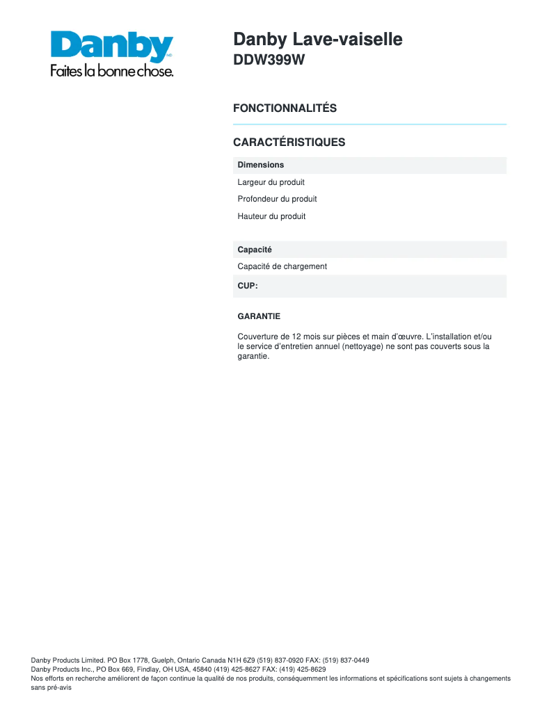 Página 1 del manual Ficha técnica Danby DDW399W