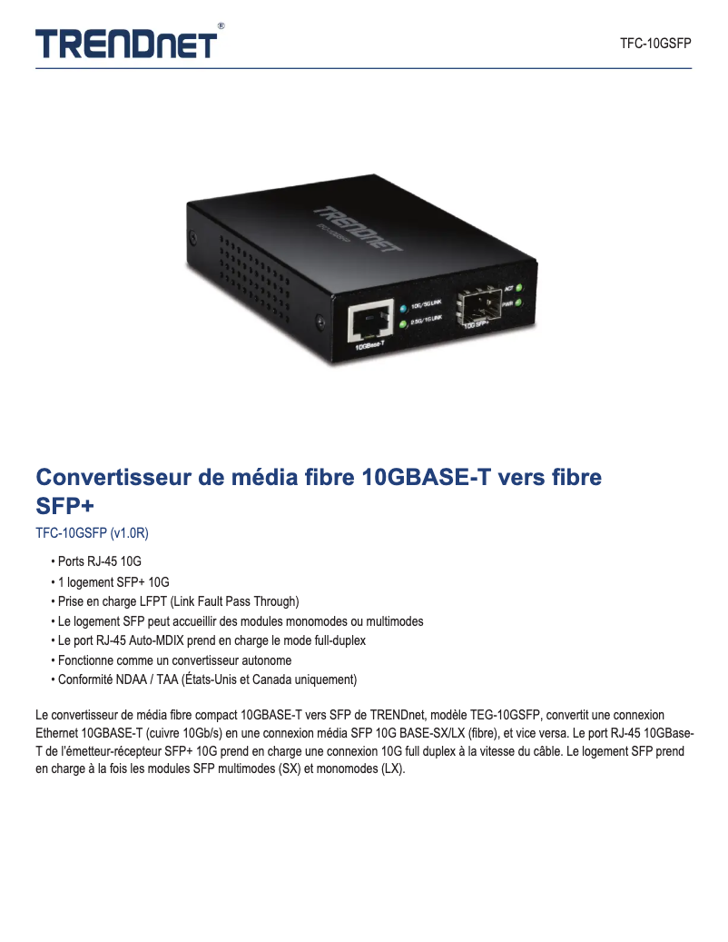 Página 1 del manual Ficha técnica TRENDnet TFC-10GSFP