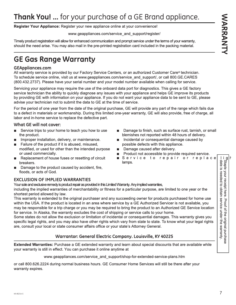 Page 1 de la notice Informations de garantie GE JGB635DEKBB